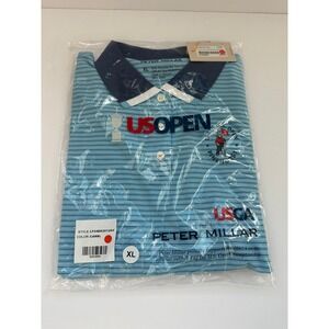 Peter Millar US Open Light Blue Striped Polo with Navy Collar and White Trim